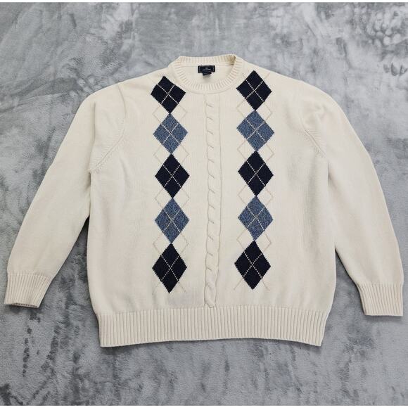 Vintage 90s Dockers Sweater Mens XXL Cream Argyle Knit Crew Neck Long Sleeves - Picture 1 of 8